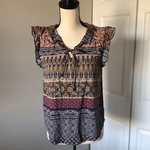 LUCKY BRAND Women's Ruffled V-Neck And Sleeveless Multi Color Print Top | M